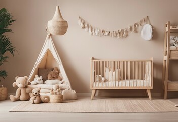 Panoramic boho interior for babys room Scandinavian style Wooden bed large toys children's tent