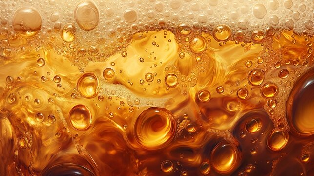 Amber Beer Bubbles Close-up in Backlit Glass, Ideal for Background or Overlay