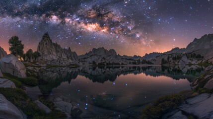 Under a blanket of twinkling stars, a serene lake mirrors the majestic mountains and the mysterious beauty of the milky way above