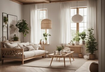 Scandinavian farmhouse style beige living room interior with natural wooden rattan furniture