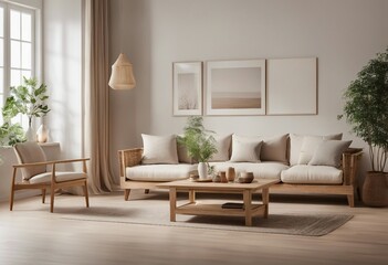 Scandinavian farmhouse style beige living room interior with natural wooden furniture Three different size mock up frames on the wall