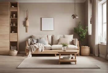 Fototapeta na wymiar Scandinavian farmhouse style beige living room interior with natural wooden furniture Mock up artwork on the wall