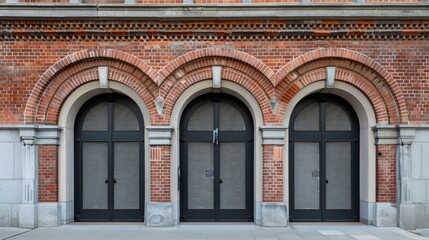 Fototapeta na wymiar A symmetrical row of large arched doorways adorns the brick facade of this outdoor building, inviting us to explore its elegant architecture and homey charm