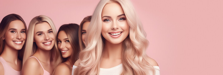 Obraz premium Beautiful woman's with long groomed hair isolated on pink background. Hair care products banner