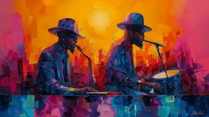 Musicians in pop art style, watercolor, colorful illustration, microphone guitar piano