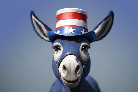 Blue democrat party donkey wearing Uncle Sam hat. Isolated democrat symbol