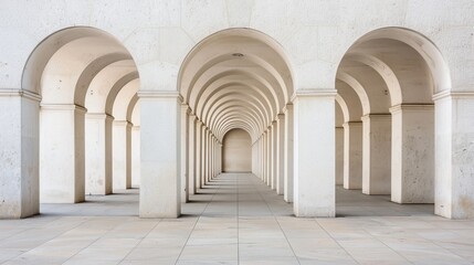 Obraz premium The grandeur of a white building with symmetrical arches and elegant columns evokes a sense of timeless architecture, inviting us to step into its arcade and explore the outdoor world beyond its wall