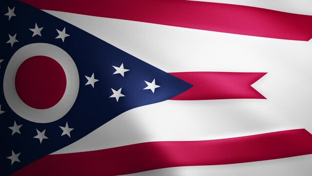 Ohio flag with fabric texture that moves in the wind. Smooth movement of the waving flag in a perfect loop. Blue, white, red, freedom, country, nation, USA state. 4k 60 fps animation.