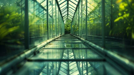 Fotobehang A breathtaking glass bridge connects two worlds, surrounded by a lush green oasis and reflecting the vibrant outdoor light, creating a mesmerizing fusion of nature and modern architecture © ChaoticMind