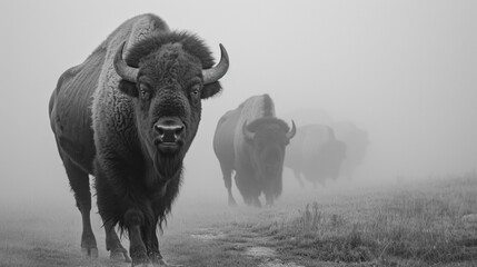 bison walking out of the mist greyscale. Generative Ai