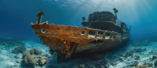 Wall murals Shipwreck An old, rusted ship lies stranded in the vastness of the ocean, attracting wreck divers with its impressive collection of unused beach mines.