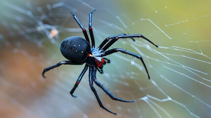 Black Widow spider outdoors on a web. Generative Ai