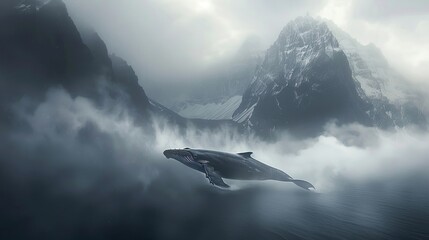 A majestic whale glides through the misty ocean, as a plane soars above the breathtaking landscape of fog-covered mountains and endless sky