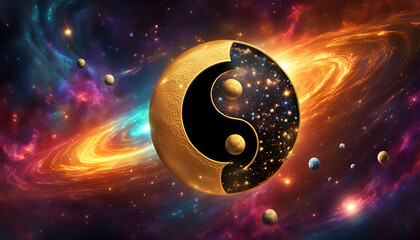wirbelndes dynamisches Symbol der Energien Yin und Yang in Gold leuchtend im Universum durchdrunden von Galaxien aus Planeten Sternen und kosmischen Feuer Astronomie Himmel und Licht   