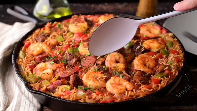 shirimp and sausage jambalaya, traditional lousiana food