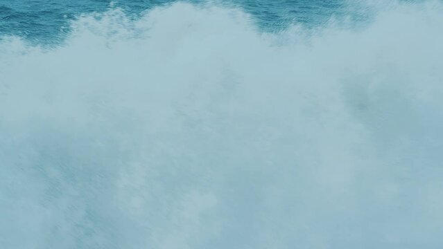 Very Big Wave Splashing. Ocean Shore Break In Front View. Stormy Sea With Big Blue Large Waves.