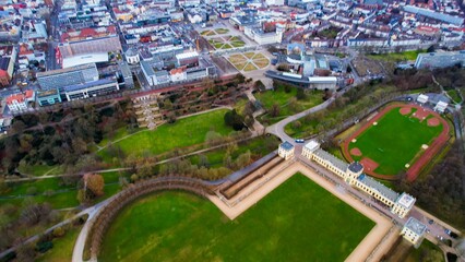 Drone aerial view of the city Kassel in Germany. The downtown during a sunny day in late winter 