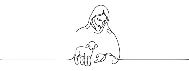 One continuous one drawn line art doodle of a spiritual Jesus Christ with the lamb .Isolated image of a hand-drawn outline on a white background.