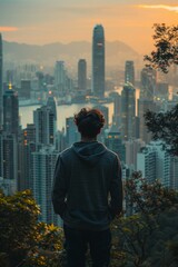 Man Gazing at Hong Kong Skyline at Sunset