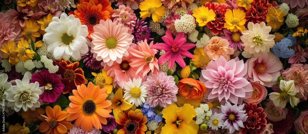 Poster the photo captures a collection of flowers in varying colors, creating a vibrant and diverse display