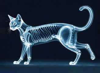 Cats skeletal and muscular structure X-ray image isolated on a gradient background. Illustration project in dark color