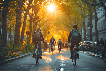 Backlit scene of cyclists on a sun-drenched avenue with autumn foliage, epitomizing peaceful city commuting - obrazy, fototapety, plakaty
