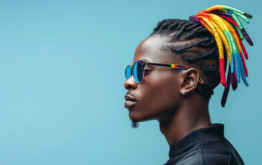 Stylish Individual with Rainbow Dreadlocks in a Fashionable Pose, Artistic Expression