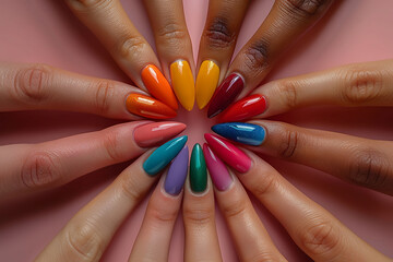 Colorful manicured nails forming a circle, symbolizing unity and diversity in beauty