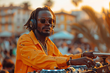 Stylish African American DJ performing at outdoor sunset event with music equipment