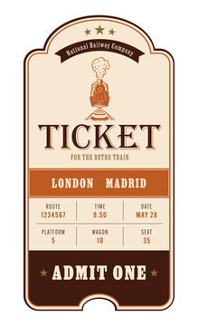 Vertical train ticket template in a vintage style in brown and orange colors on a light background. For excursion routes, retro parties and clubs and other projects. Vector, can be used for printing.