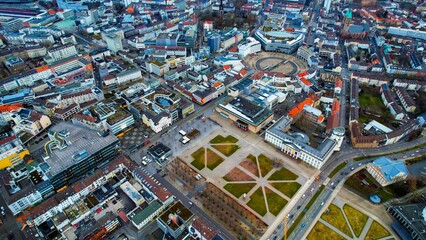 Drone aerial view of the city Kassel in Germany. The downtown during a sunny day in late winter