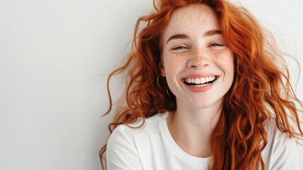 Naklejka premium Captivating Closeup of Joyful Young Woman with Gorgeous Wavy Red Hair, Freckles, and Stylish T-shirt, Radiating Happiness – Isolated on White Background