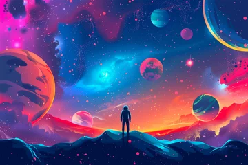 Foto op Canvas An AI generative image interstellar concept of astronaut standing on the planet in the with colourful galaxy insight. © NajmiArif
