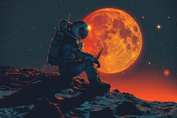 an astronaut is sitting on the moon working on his laptop, in the style of dark silver and light orange. Generative AI