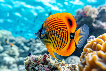 Naklejka na ściany i meble beautiful pretty nice cute funny fish in ocean. sea, aquarium, swimming exotic under depth, colourful reef, water salt ecosystem biology nature flora and fauna.
