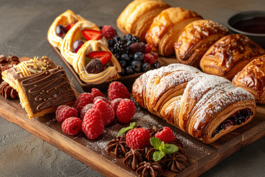 Delicious variety of pastries with berries on a rustic table.
