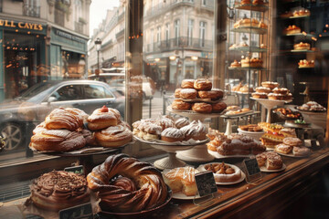 A cozy bakery showcases an array of pastries and breads. - obrazy, fototapety, plakaty