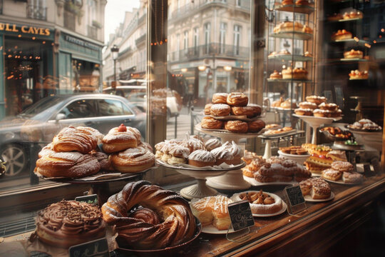 A cozy bakery showcases an array of pastries and breads.