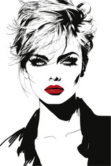 Vector of a female model in black suit and red lipstick