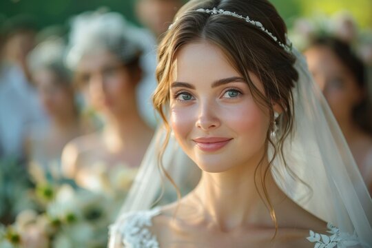 Beautiful young woman bride, on her wedding day, celebrates the victory of love, wedding white dress in boho style, minimalism, festive makeup