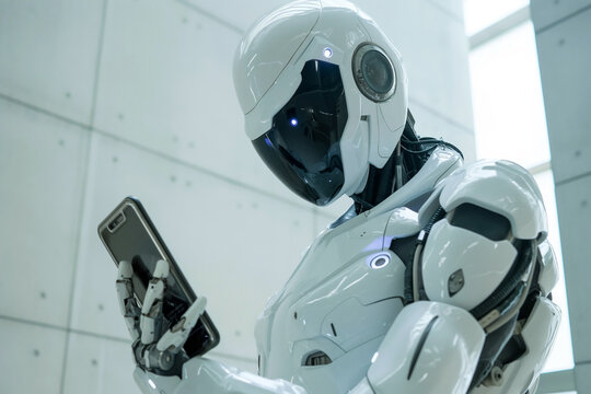 Futuristic humanoid robot using smartphone holding it in hands