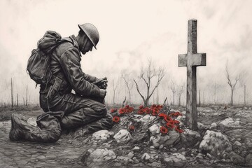 Military serviceman in uniform sits in contemplation in front of a wooden cross adorned with flowers
