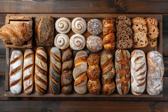 Various artisan breads displayed on rustic wood table.