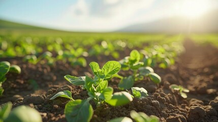 Plantation, green farm fresh vegetables, sprout, bed, sunset and nature background