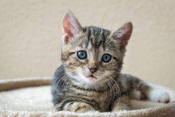 Adorable kitten atop a soft bed next to a neutral-colored wall