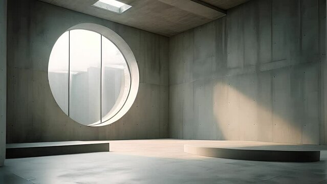 Empty room featuring a unique round window and industrial concrete flooring