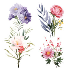 Vector of a vibrant watercolor painting of a bouquet of colorful flowers on a white background