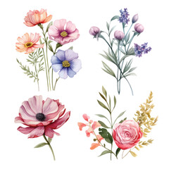 Vector of a vibrant watercolor painting of a bouquet of colorful flowers on a white background