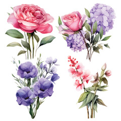 Vector of a vibrant watercolor painting of a bouquet of colorful flowers on a white background