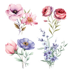 Vector of a vibrant watercolor painting of a bouquet of colorful flowers on a white background